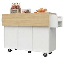 Kitchen Island, Removable Partitions, Removable Casters (Used As Kitchen Cabinets), Dining Cart With Workbench, Buffet Cabinet, Dining Cart With Wood Grain Finish, Side Towel Rack With Casters, Black - 白色 - 查看 10