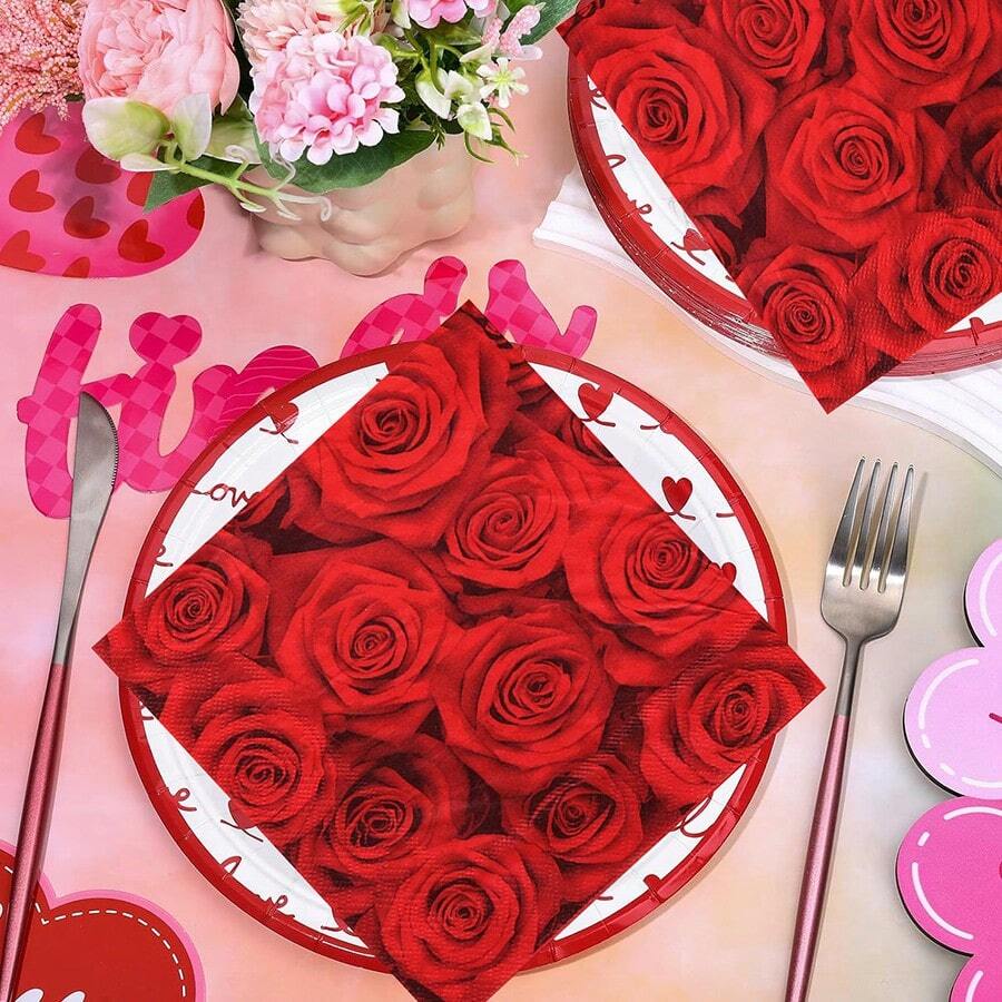 20pcs Rose Pattern Party Napkins, Suitable For Valentine's Day, Wedding, Anniversary, Birthday, Holiday Celebration Decoration - Multicolor - View 1