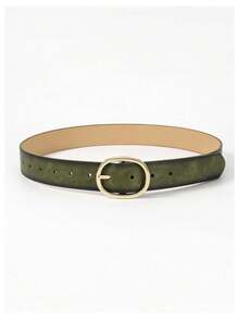 Oval Buckle Belt For Women - Casual Leather Belt For Everyday Wear | Versatile Waist Belt For Jeans, Pants, Dresses, Perfect For All Seasons - 橄欖綠 - 查看 2