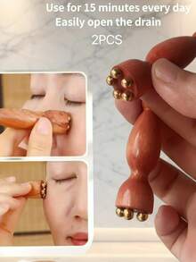 2pcs Solid Brass Face Massage Tools | Lotus Shaped Face Exfoliating Scrub, Eye And Face Acupressure Massager, For Skincare, Wooden Face Massager For Facial Beauty, Eye Massage, Acupressure And Skincare - Multicolor - View 2