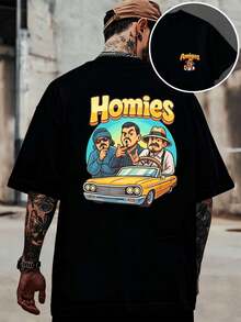 Homies Car Print T-Shirt, 100% Cotton, Casual, Comfortable, Durable, With Graphic Design And Double-Sided Print. - màu đen - Xem 1