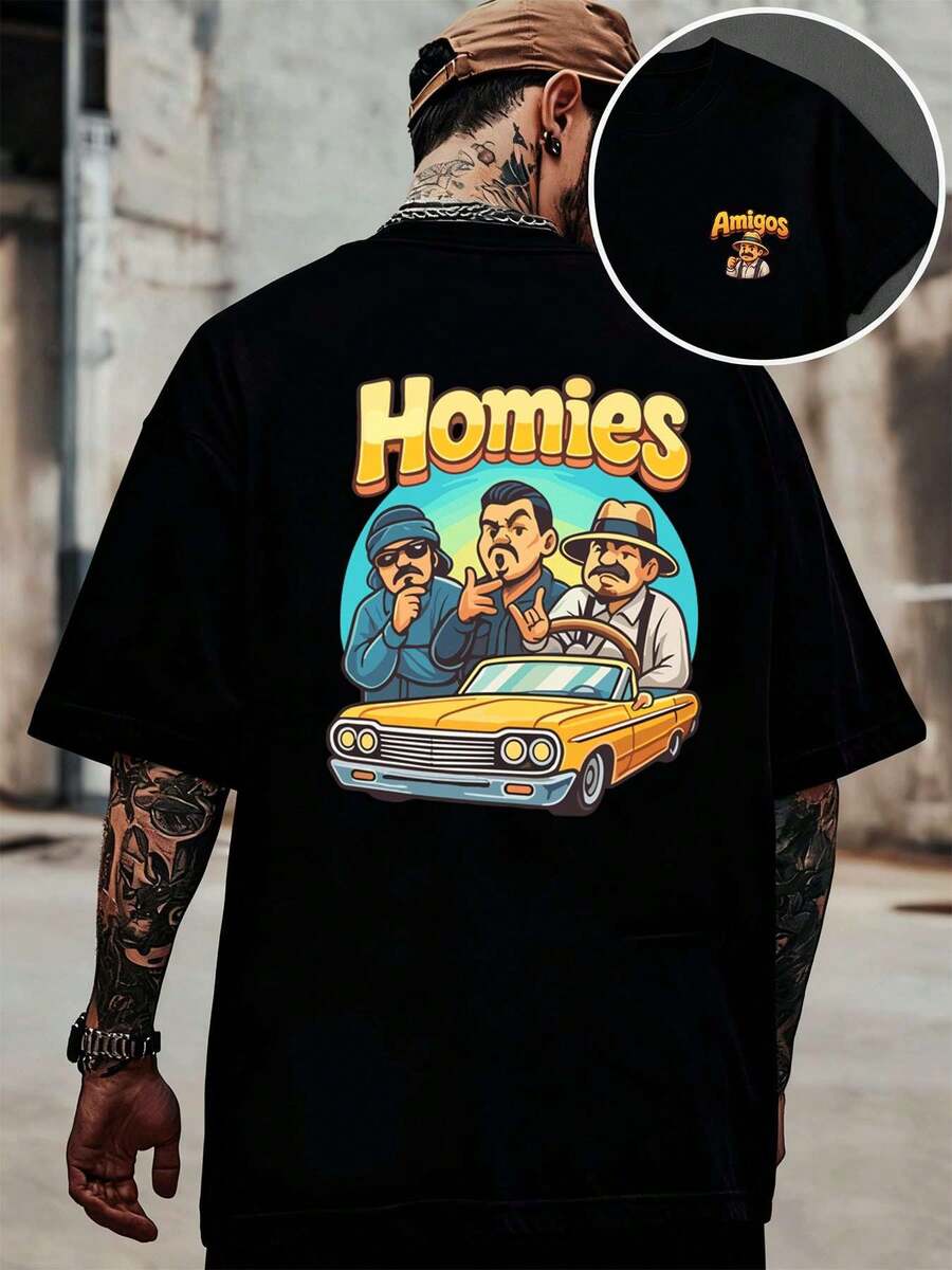 Homies Car Print T-Shirt, 100% Cotton, Casual, Comfortable, Durable, With Graphic Design And Double-Sided Print. - màu đen - Xem 1
