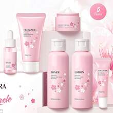 6 piezas de juego de cuidado de la piel , nutritivo profundo, anti-envejecimiento (loción de protector solar 30g SPF50 y limpiador 50g y tónico 100ml y suero 17ml y crema para los ojos 15g y crema para la cara 25g). Regalo de cuidado de la piel para mujeres y niñas para hidratar, aclarar el tono de la piel y cuidado de la belleza para el Día de la Madre , regalo de cuidado personal para la novia. - Rosa - Ver 6