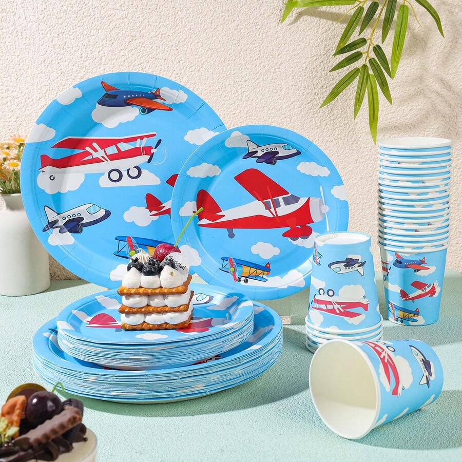 Bộ đồ dùng ăn uống dùng một lần hình máy bay Blue Sky, bao gồm đĩa giấy 7/9 inch, cốc giấy, thích hợp cho tiệc sinh nhật, tiệc lễ hội, dã ngoại, kỷ niệm, tiệc cưới, tiệc trà, lễ tốt nghiệp. - Nhiều màu - Xem 1