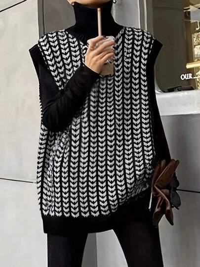 大码女式人字形印花无袖休闲黑白高领套头针织毛衣