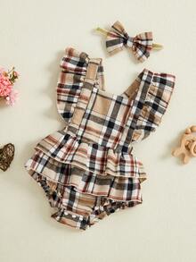 Conjunto Primavera Verano Bebé Niña  Mono a Cuadros Sin Mangas + Volantes  Diadema Incluida - Multicolor - Ver 3