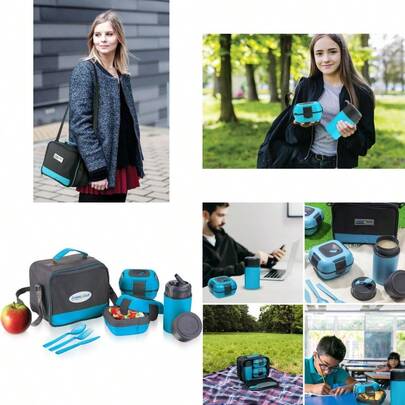 PZW Insulated Lunch Box Bag Set for Adults and ~ Pinnacle Insulated Leakproof Thermal Lunch KitLunch BagThermo bottle2 Lunch Containers With NEW Heat Release ValveMatching Cutlery Blue2537