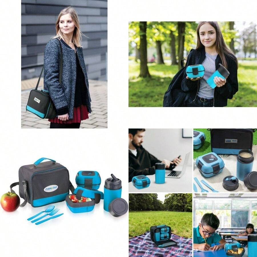 PZW Insulated Lunch Box Bag Set for Adults and ~ Pinnacle Insulated Leakproof Thermal Lunch KitLunch BagThermo bottle2 Lunch Containers With NEW Heat Release ValveMatching Cutlery Blue2537 - Azul - Ver 1