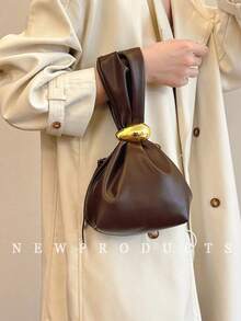 1pc Solid Color PU Leather Handbag, Burgundy Ancora Design, Women's Personalized Mini Cloud Pleated Bag With Metal Decor Zipper Closure, Suitable For Daily And Outdoor Use - 咖啡 - 查看 1