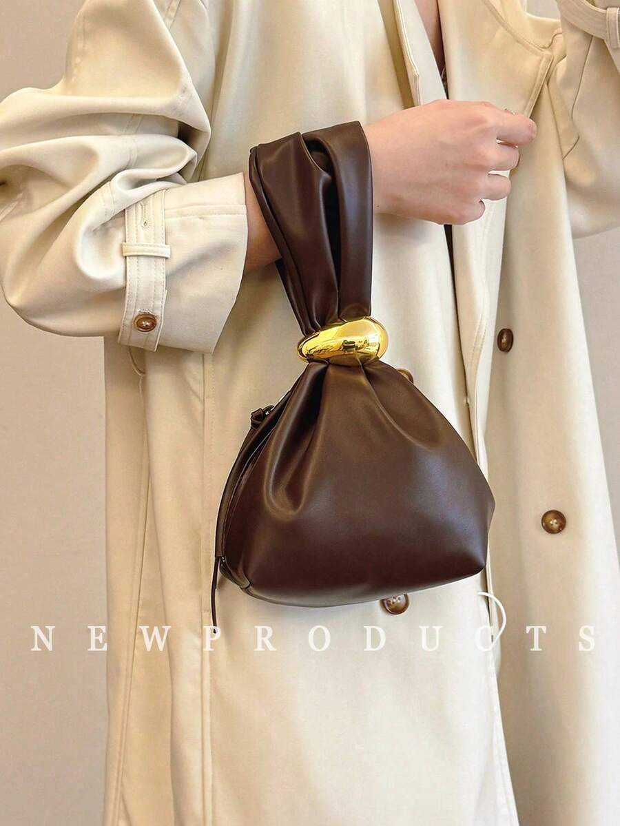 1pc Solid Color PU Leather Handbag, Burgundy Ancora Design, Women's Personalized Mini Cloud Pleated Bag With Metal Decor Zipper Closure, Suitable For Daily And Outdoor Use - 咖啡 - 查看 1