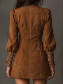 Women Deep V Neck Long Sleeve Dress Embroidery Detail Puff Sleeve Mini Dress - Brown - View 2