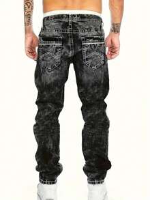 Men's Retro Elastic Plus Size Jeans - Black - View 2