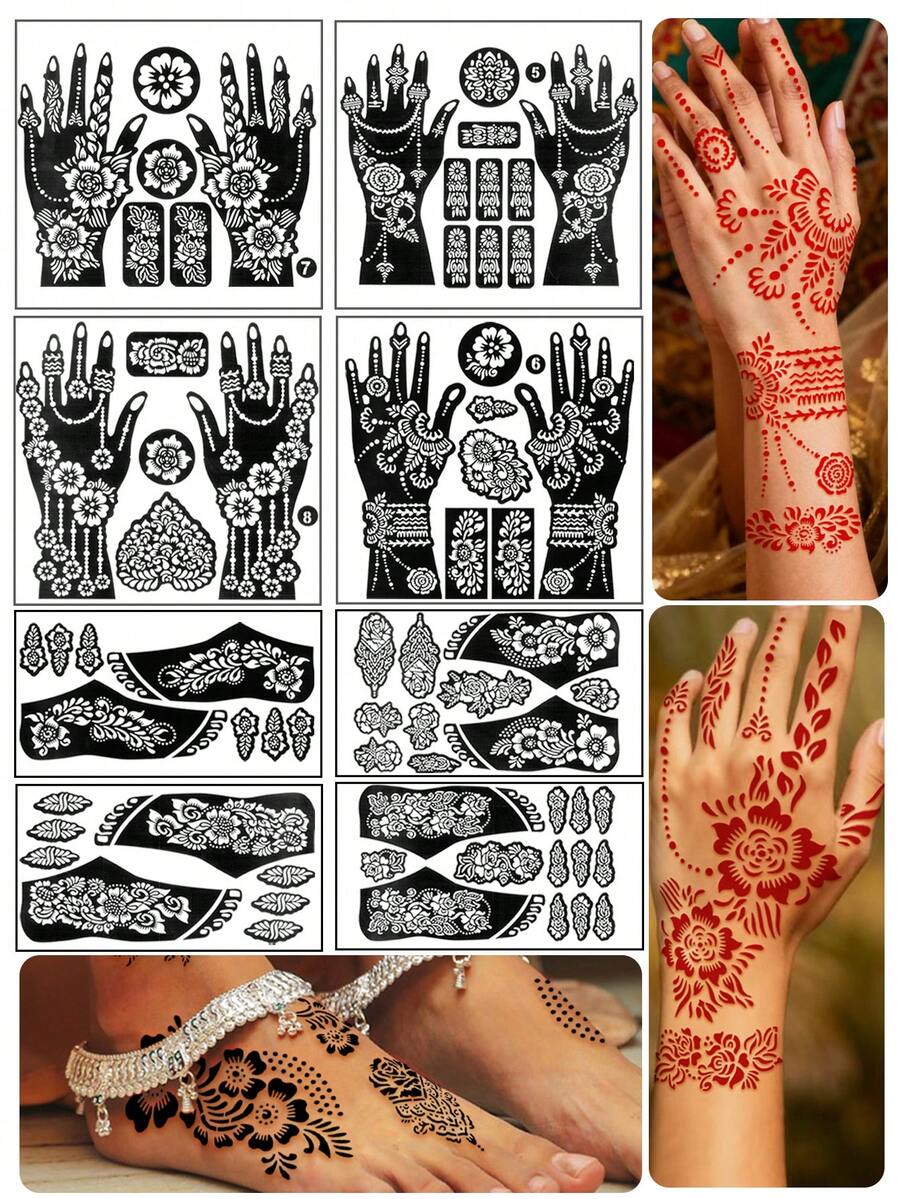 8 Pcs Henna Tattoo Stencils Reusable Painting Stencil For Hand Body Art Flower Temporary Tattoo Template Sleeve Wedding Bride Beauty - Multicolor - View 1