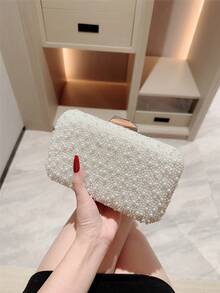 仿珍珠装饰盒形链条肩带包，仿珍珠包 - 米色 - 查看 2