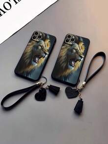 Capa para celular com estampa de leão pintada, resistente a quedas (1 unidade), com alça de pulso decorativa em couro em formato de coração. Acessório para personalizar sua capa de celular. Compatível com iPhone e Redmi.