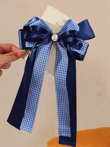 1 pieza Clip de pelo con lazo a cuadros de dos tonos, estilo escolar casual y versátil para niñas, temporada de vuelta al colegio - Azul Marino - Ver 3