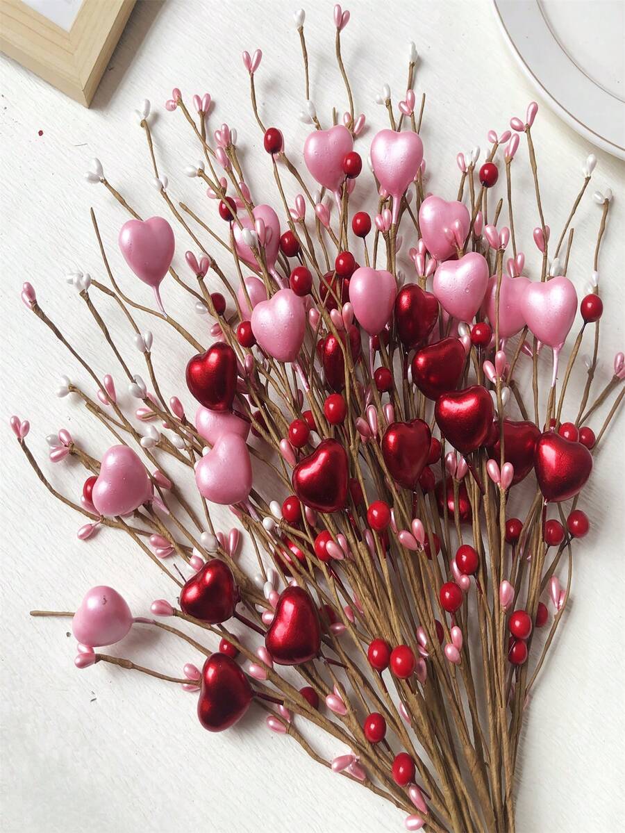 情人节仿真花，粉色和红色仿珍珠心形浆果枝，手工扭制心形花枝，DIY装饰，花瓶插花，婚礼装饰及礼物，情人节礼物，桌面装饰，派对装饰，家居装饰 - 彩色 - 查看 1