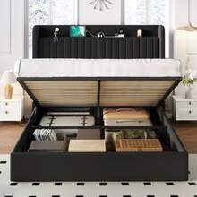 SHA CERLIN Full/Queen/King Size Lift Up Storage Bed Frame/Charging Station/USB,Type-C Port/Storage Headboard/Velvet Upholstered/Hydraulic Support/No Box Spring Needed/Noise Free/Black - 黑色 - 查看 7