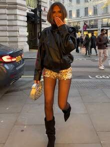 女士休闲时尚黑色皮革长袖宽松机车夹克，2026 时尚街头风防风外套，新年春季情人节