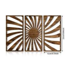 一套 2D 现代简约木质长方形墙面装饰壁画，深棕色木纹和阳光放射状线条，圆形和曲线对称镂空设计，现代艺术感，适用于客厅和书房墙面装饰、房间装饰、家居装饰（DIY粘贴）