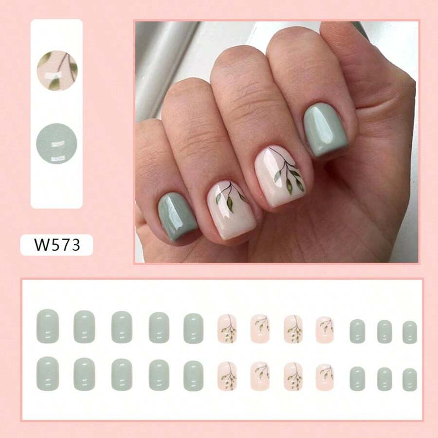French Short Press On Nails For Women - 4 Box 96 Pcs Christmas Holiday Fake Nails Kit, Square Medium Length False Nails With Designs.Women Cute Pink Colos Nails,Valentine's Day Nails With Jelly Glue And Nail File, Multi Color Easy Wearing Nails For Daily, Work, Party - 薄荷綠349 - 查看 1
