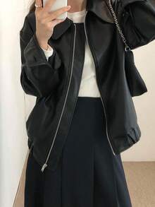 Chaqueta motera de manga larga estilo coreano holgada con diseño de cremallera en la solapa para mujer, confeccionada en piel sintética. - Negro - Ver 3