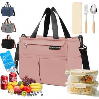 YQQ FUWEN Gran Capacidad Bolsa del Almuerzo Bolsas Térmicas para Hombres y Mujeres Reutilizable con Correa Tenedor Cuchara Cristales Hielo Forro a Prueba de Fugas para Picnic Trabajo Camping2179