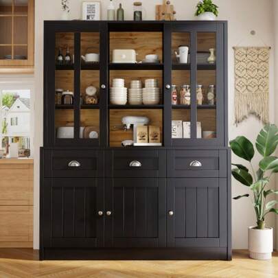 Hochschränke Fürs Wohnzimmer(140*38.5*175cm), Vitrinenschrank,Küchenschrank,Esszimmerschrank Mit Schubladen, Moderner Minimalistischer Hochschrank, Standvitrine Für Küche Wohnzimmer Esszimmer, Schwarz