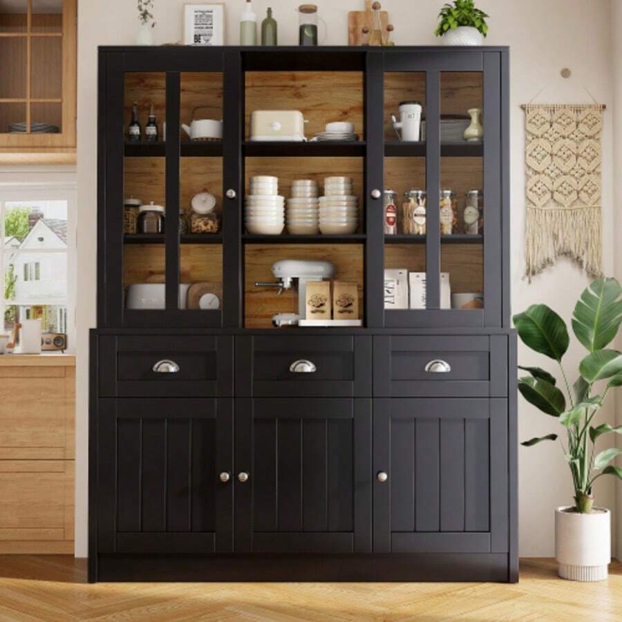 Hochschränke fürs Wohnzimmer(140*38.5*175cm), Vitrinenschrank,Küchenschrank,Esszimmerschrank mit Schubladen, Moderner Minimalistischer Hochschrank, Standvitrine für Küche Wohnzimmer Esszimmer, Schwarz - Noir - Voir 1
