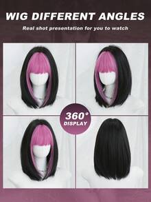 AKAKO 双色黑粉假发，齐肩短直波波头假发，带刘海，14英寸时尚假发，亮粉色刘海，纤维合成波波头假发，万圣节服装假发，日常派对角色扮演假发，Y2K哥特风格哥特假发配件 - 玫紅色 - 查看 5