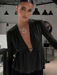 Sexy & Fashionable Deep V-Neck Ruched Front, Open Back Tie-Up Design Ruffle Hem Long Sleeve Top, Spring/Summer New Arrival
