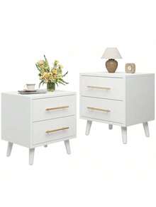 Lofka [2pc]Modern Nightstand With Drawers, 2 Drawer Dressers With Gold Handles, End Side Table For Bedroom, Living Room, White - 白色 - 查看 12