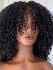Afro Kinky Curly Wig Human Hair With Bangs Full Machine Made Scalp Top Wig 250 Density Brazilian Virgin Short Curly Human Hair Wigs For Women None Lace Front Wig No Glue Natural Color - màu tự nhiên - Xem 6