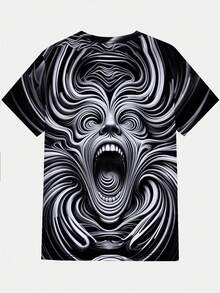 Men's 3D Monster Face Full-Body Print T-Shirt - Black & White Swirling Monster Eyes & Teeth Design, Short Sleeve Round Neck Casual Summer & Year-Round Wear, 3D Hot Transfer Graphic Tee For Parties, Halloween Costumes & Everyday Out - Màu sắc hỗn hợp - Xem 4