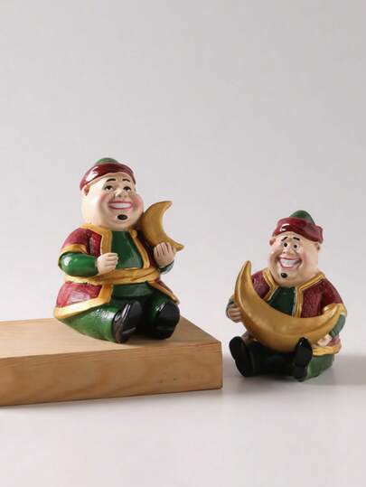 1pc Resin Crescent Moon Holding Middle Eastern Figure Decor, Creative Holiday Craft, Home Tabletop & Display Ornament, Gift, Ramadan Eid Al-Fitr