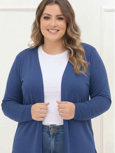 Casaco Cardigan Feminino Liso Fenda Plus Size Kimono