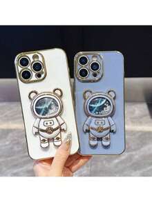 Fashionable Starry Space Astronaut Bear Folding Bracket Shockproof Electroplated Soft Phone Case, Compatible With IPhone And Honor - White - View 5