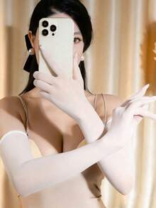 1双女士白色薄款透气舒适优雅无缝长款露指手套，适合夏季防晒、旅行、派对、角色扮演等场合。 - 白色 - 查看 1