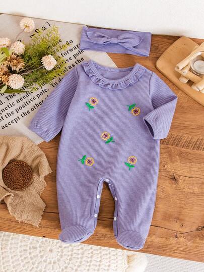 Bộ áo liền quần cổ tròn cài cúc thêu hoa hướng dương hình trái tim mùa xuân kèm băng đô hoạt hình dễ thương, trang phục dịu dàng cho bé gái.