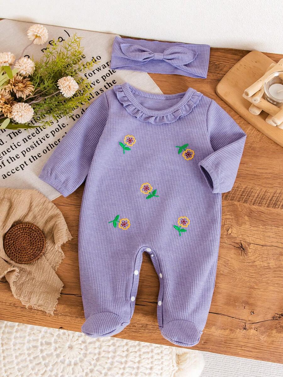 春日甜心向日葵刺绣圆领纽扣连体衣，配可爱卡通发带，温柔女宝宝装扮 - 淡紫色 - 查看 1