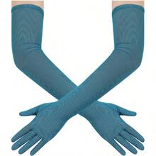 Women's Long Stretchy Mesh Tulle Sheer Gloves Costume Wedding Opera Halloween Party 1920's Dance Gloves - Teal - 查看 2