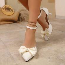 Zapatos de tacón alto Novedad: delicados zapatos planos de tacón de aguja hueco con diseño exclusivo, lazo de mariposa y tiras para mujer. Zapatos de tacón alto con punta afilada y detalle de lazo, ideales para combinar con vestidos. Zapatos de tacón alto con tiras para mujer. - Beis - Ver 4