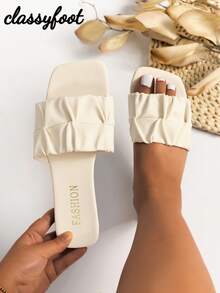 Wide Fit Women's Fashionable Square Toe Ruched Flat Sandals, Black PU Slip-On Summer Holiday Style - Beige - View 2
