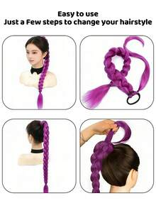 Purple Braided Hair Extensions, Elastic Ponytail Wig, Suitable For Party And Christmas - 彩色 - 查看 6