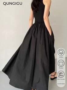 QUNGIGU 女式棉质黑色拼接无袖夏季长款带口袋休闲连衣裙 - 黑色 - 查看 3