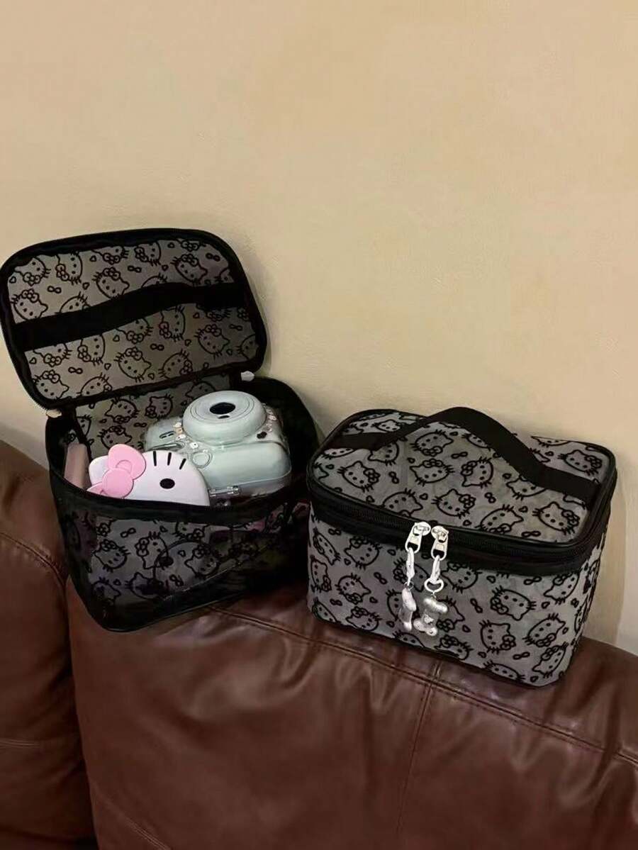 1pc Sanrio Cartoon Large Capacity Kitty Mesh Flocked Cosmetic Bag, Handheld Portable Travel Toiletry Organizer - Multicolor - View 1