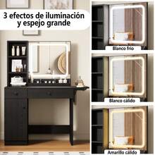 Tocador con Espejo y Luces,Tocador de Maquillaje de 35,4'' con 2 Cajones y Armario,Mesa de Maquillaje con Panel Plegable y 3 Estantes,Taburete de Almacenamiento,Juego de Tocadors para Recamara,Marrón - Negro - Ver 3