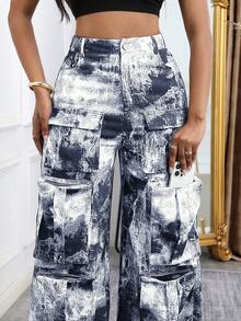 Women's Straight Leg Cargo Pants, Multi-Pocket Tactical Jogger Pants, Loose Fit, Casual Utility Pants, Suitable For Women's Street Wear - Dark Wash - View 6