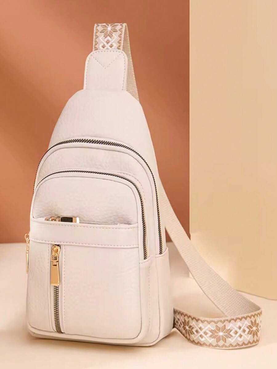 White, The New Fashion Classic Solid Color Pu Waterproof Fabric With Multi-Pocket Pattern Woven Shoulder Straps And Diagonal Shoulder Chest Bags Is Suitable For Shopping. - trắng - Xem 1