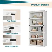 Librería industrial alta de 5 niveles, 180 cm, con estantes ajustables y estructura de metal. Estantería rústica gris para sala de estar, oficina, dormitorio y estantería independiente. - Blanco - Ver 4